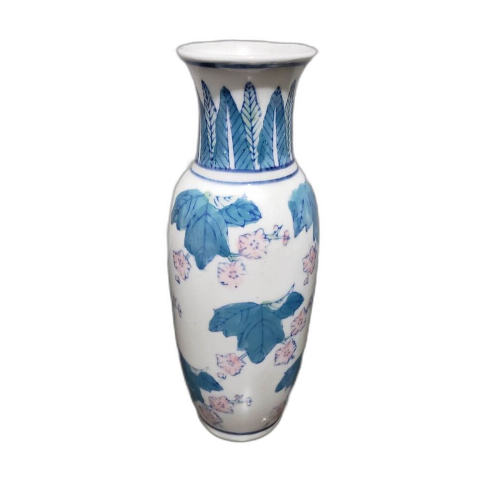 Floral Leaves Blue White Pink Vase 7,5"H